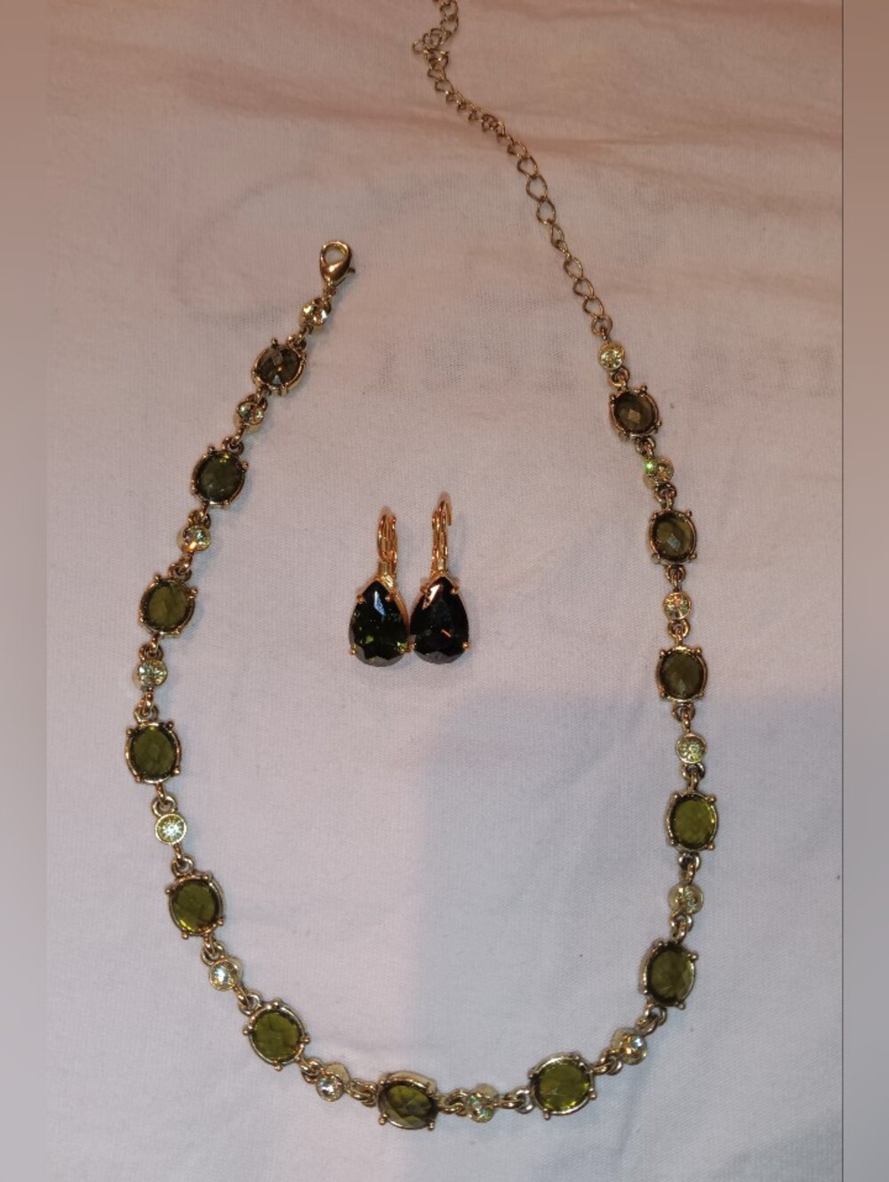 2028 Gold-Tone Olive Green Crystal Necklace with Matching Drop Earrings